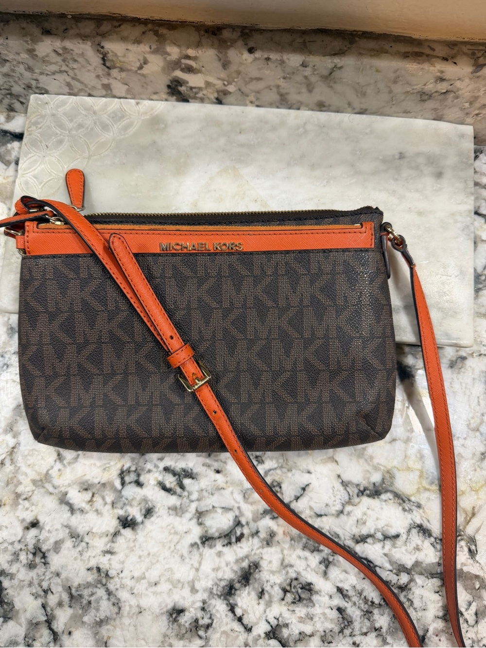 Michael Kors Brown Logo Crossbody with Orange Trim